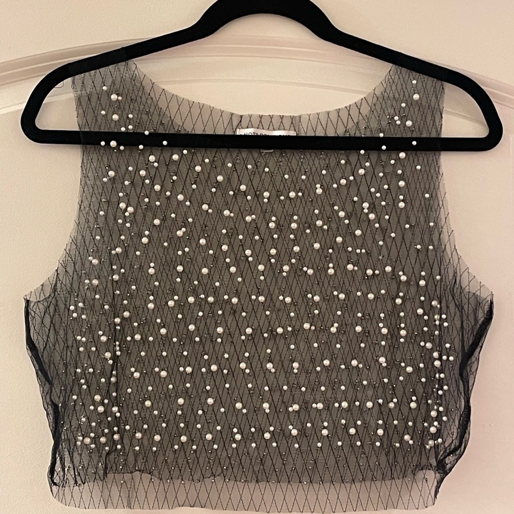 Elegant Black Sheer Pearl Rhinestone Top - Picture 3 of 8
